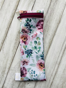 Pochette à paille/ustensiles/brosse à dents Fleurs bourgogne