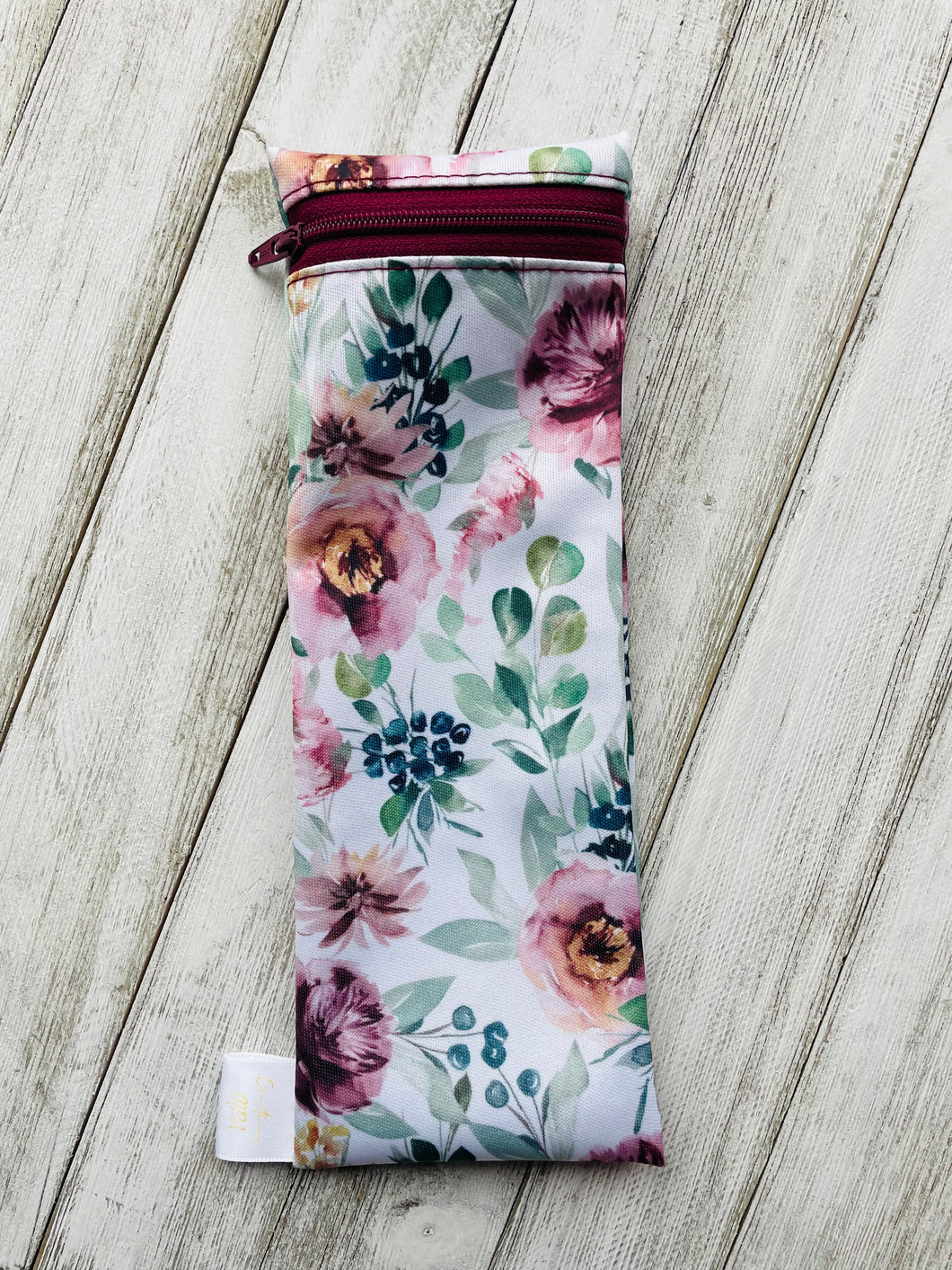 Pochette à paille/ustensiles/brosse à dents Fleurs bourgogne